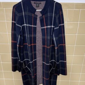 Tahari Navy and Red Plaid Cardigan